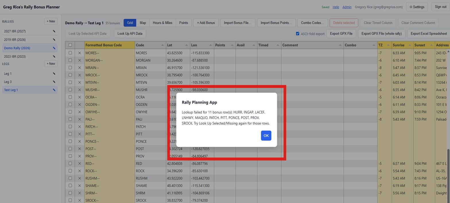 Rally Planning App popup reading: Lookup failed for 11 bonus row(s): HURR, INGAP, LACEF, LNHWY, MAQUO, PATCH, PITT, PONCE, POST, PROV, SROCK. Try Look Up Selected/Missing again for those rows.