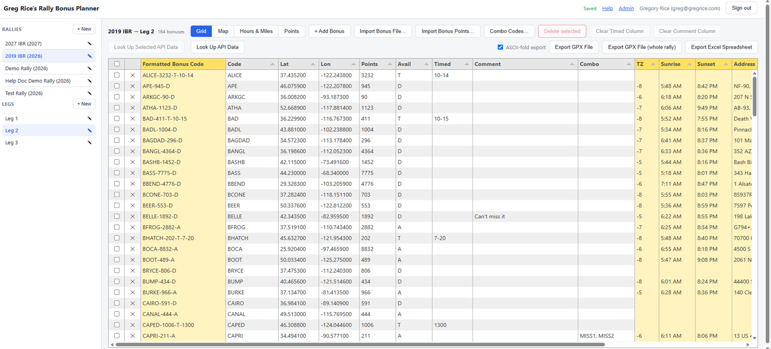 Bonus grid populated with two bonus rows including code, coordinates, points, timezone and address
