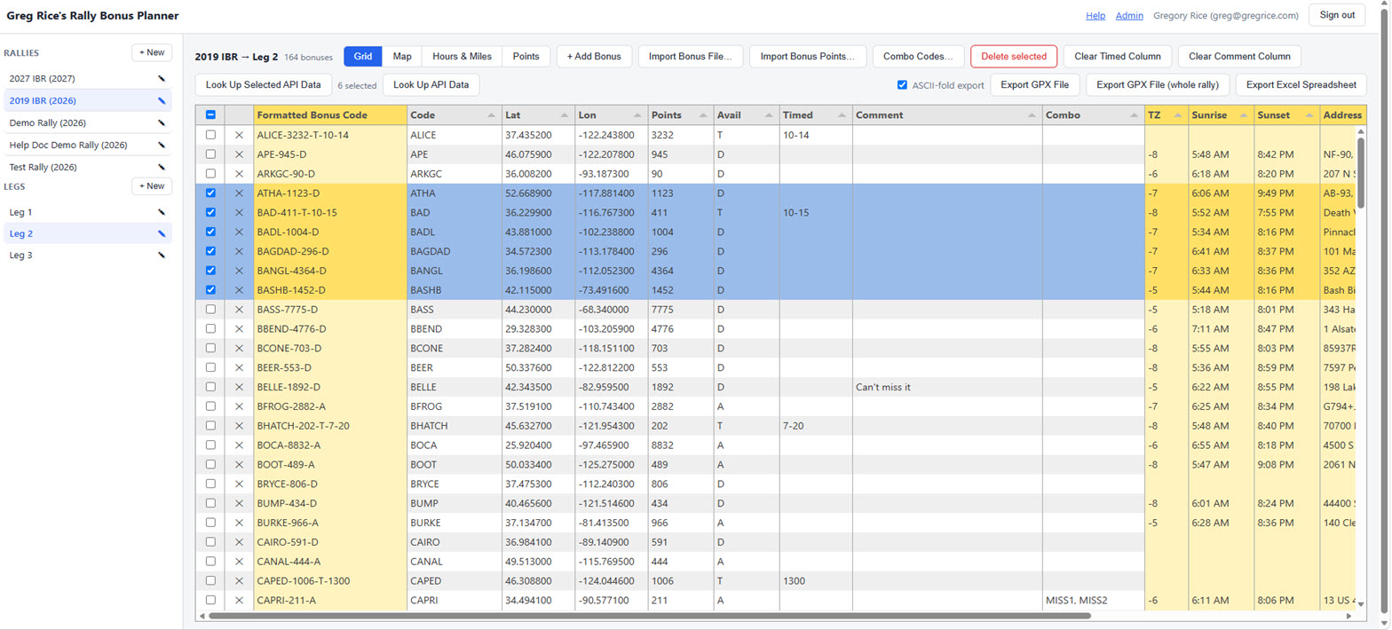 Bonus grid with nine rows checked and the Delete selected and Look up selected buttons active, along with a 9 selected count