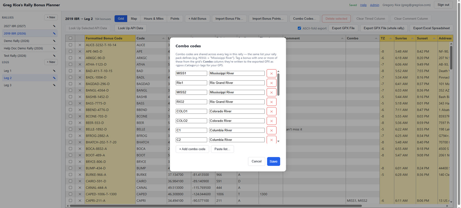Combo codes modal with a paste-list panel open showing three tab-separated code and name rows ready to add