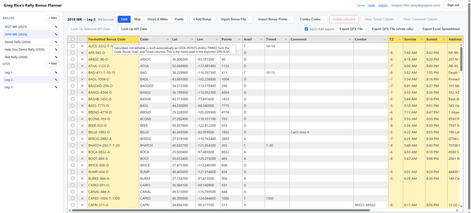 Bonus grid with the Formatted Bonus Code column header hovered, showing a tooltip that reads: Calculated, not editable — built automatically as CODE-POINTS-AVAIL(-TIMED) from the Code, Points, Avail, and Timed columns. This is the name used in the exported GPX/XLSX.