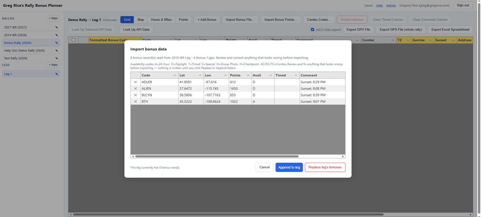 Import bonus data modal showing 162 bonus records read from a GPX file, with a preview grid of code, coordinates, points, availability, and comment columns