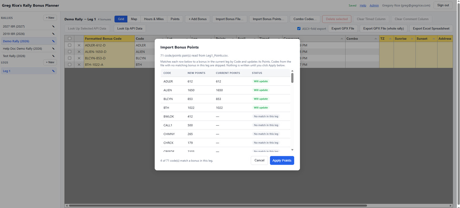 Import bonus points modal showing 71 code/points pairs read from a CSV file, with a status column reporting no match in this leg for each row so far