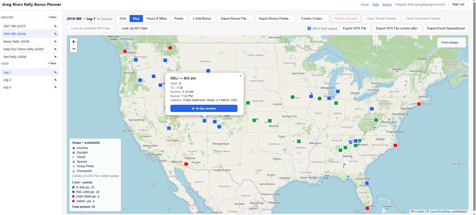 Map marker popup showing bonus code, points, availability, timezone, address, and a 10-day weather button