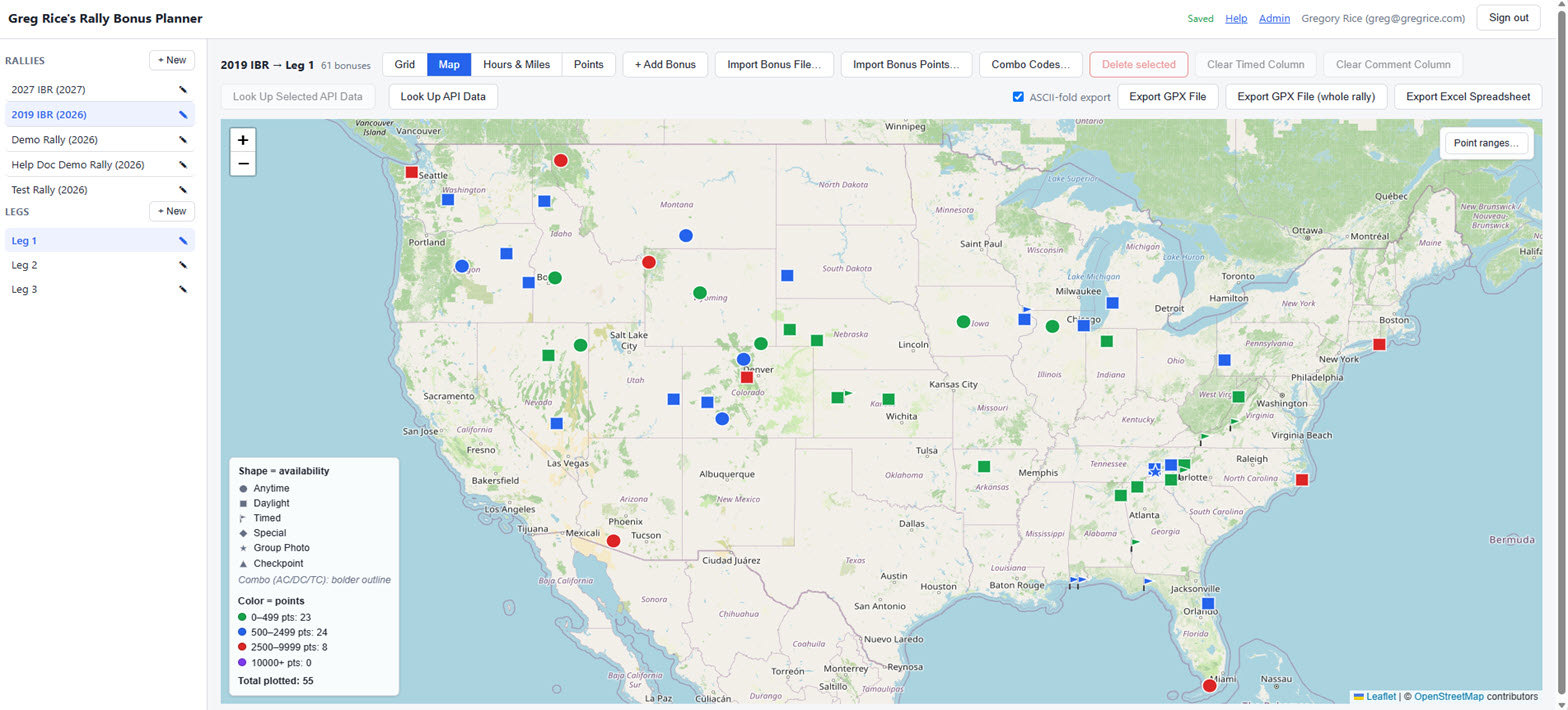Map view with four colored bonus markers and a legend explaining shapes and colors