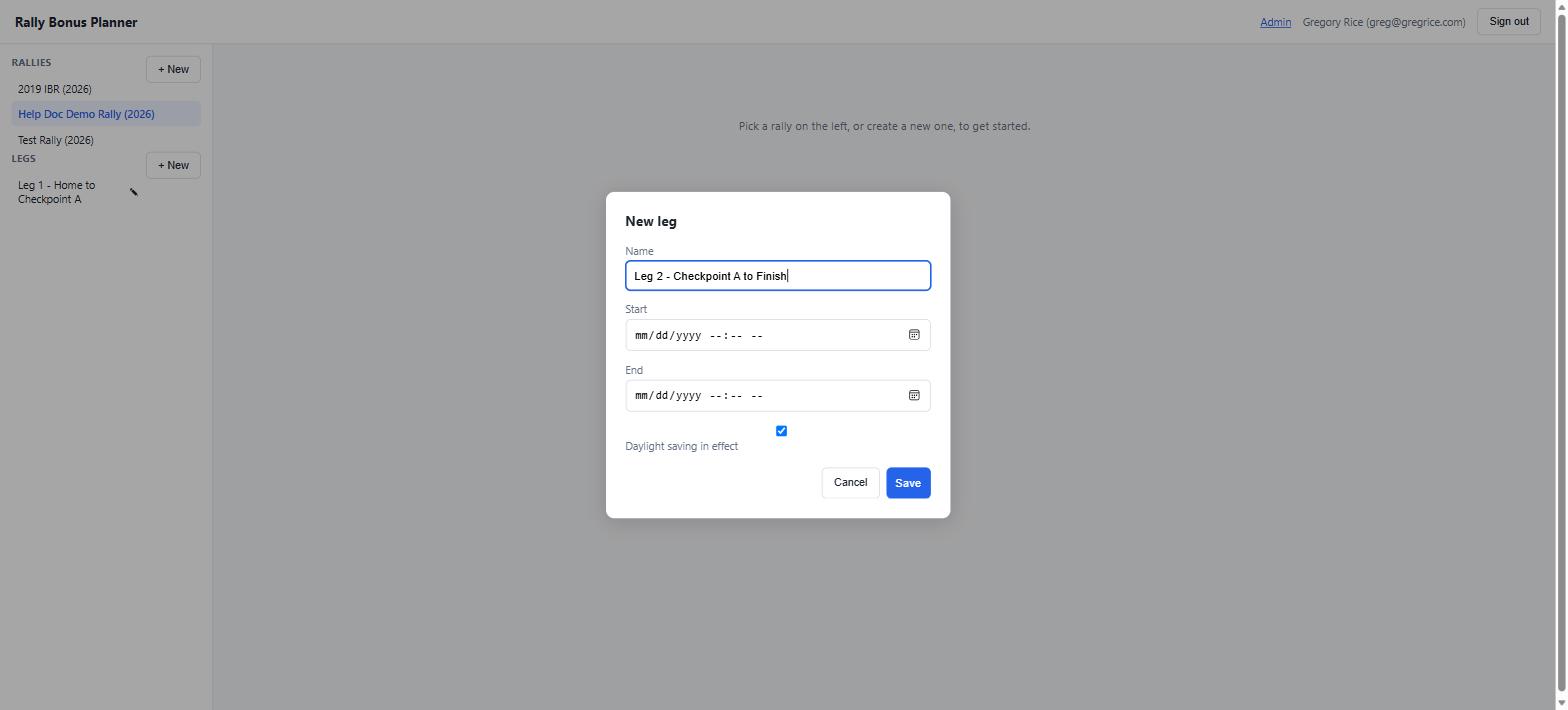 New leg modal with Name, Start, End fields and a Daylight saving checkbox