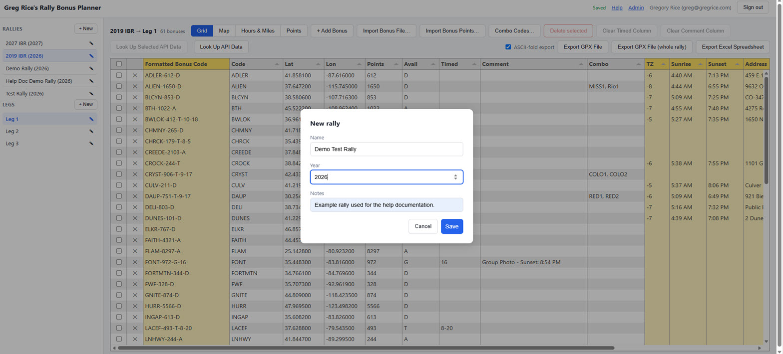 New rally modal with Name, Year, and Notes fields filled in