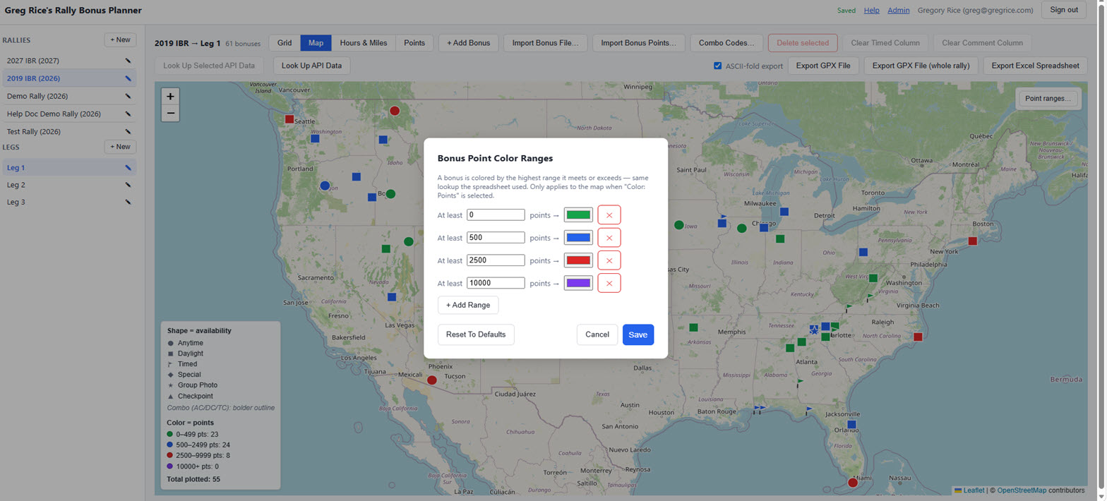 Bonus point color ranges modal with four rows mapping point thresholds to colors