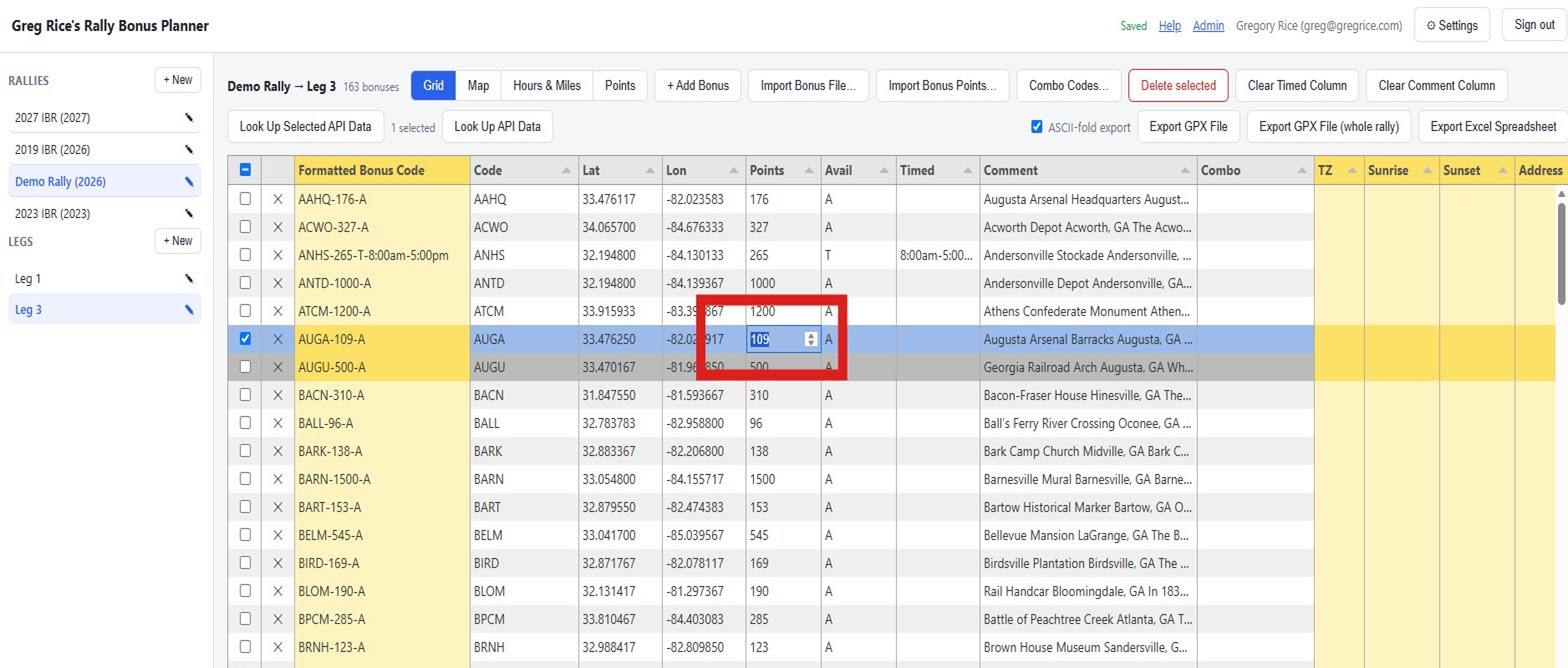 Bonus grid with a row selected via its checkbox and that row's Points cell in edit mode