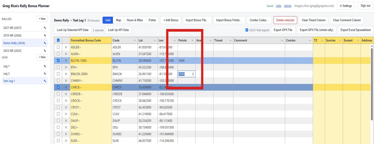 Bonus grid for a leg imported without points data, showing a mostly empty Points column with two rows filled in manually