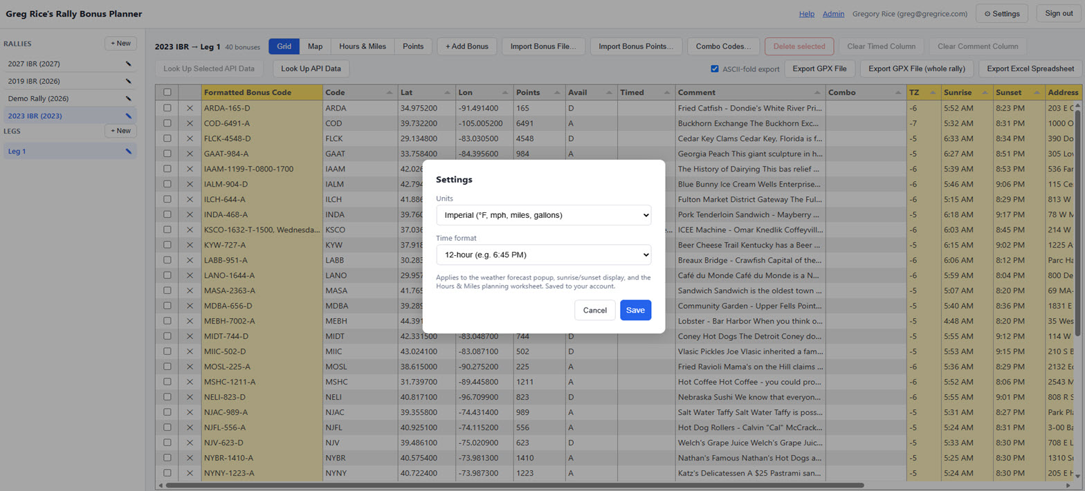 Settings modal with Units set to Imperial and Time format set to 12-hour, and Cancel/Save buttons