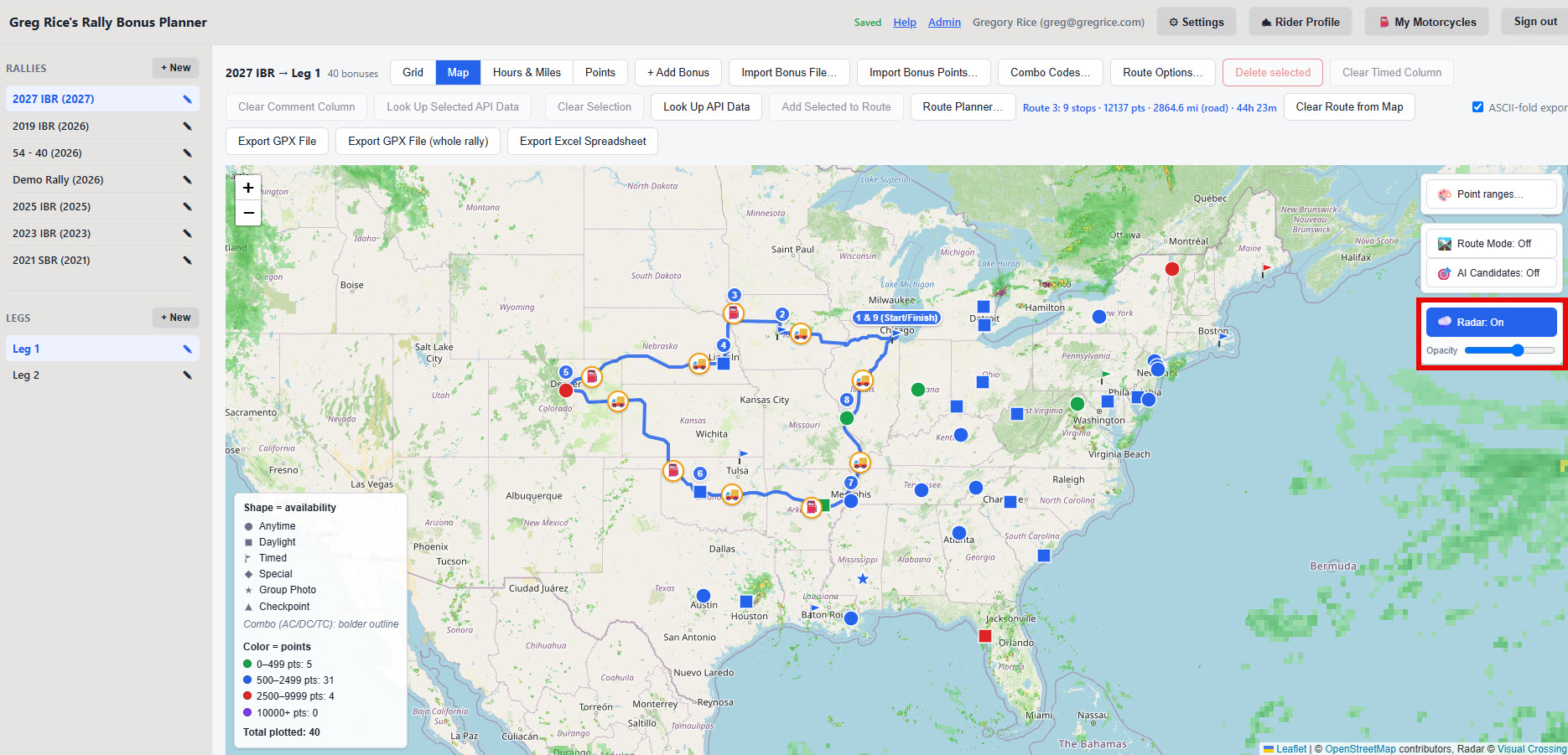 Map view with the Radar: On toggle button and opacity slider in the top-right, and a semi-transparent precipitation radar overlay across the map
